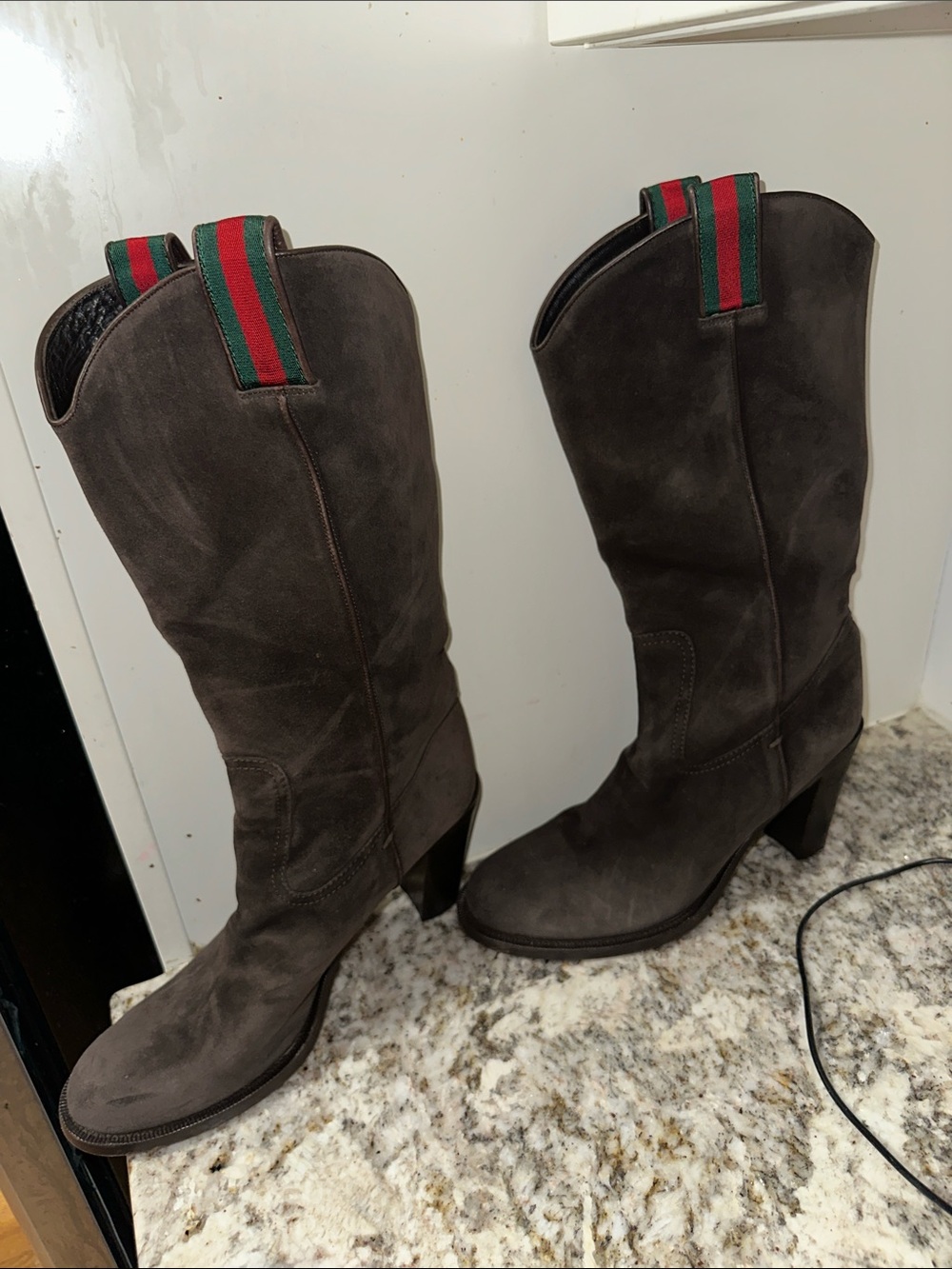 Gucci Brown Suede Mid-Calf Heeled Boots with Signature Web Tab